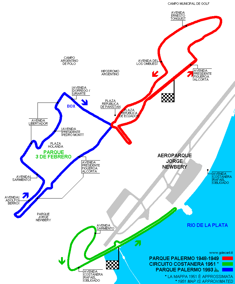 Blue: circuit proposed in 1993 for Argentina F.1 GP to be raced in 1994